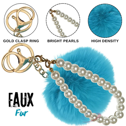 iAccessories Faux Fur Pompom with Pearls Keychain Charm - Peacock Blue for Girls' Bags, Cars, Scooty, Bike, Home Keys - iAccessories