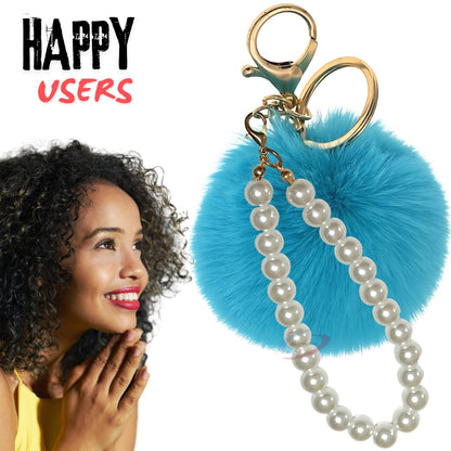 iAccessories Faux Fur Pompom with Pearls Keychain Charm - Peacock Blue for Girls' Bags, Cars, Scooty, Bike, Home Keys - iAccessories