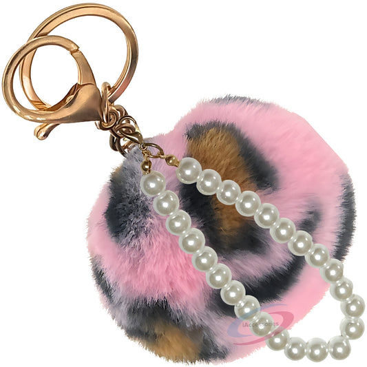 iAccessories Faux Fur Pompom with Pearls Keychain Charm - Pink Lepo for Girls Bags, Cars, Scooty, Bike, Home Keys - iAccessories