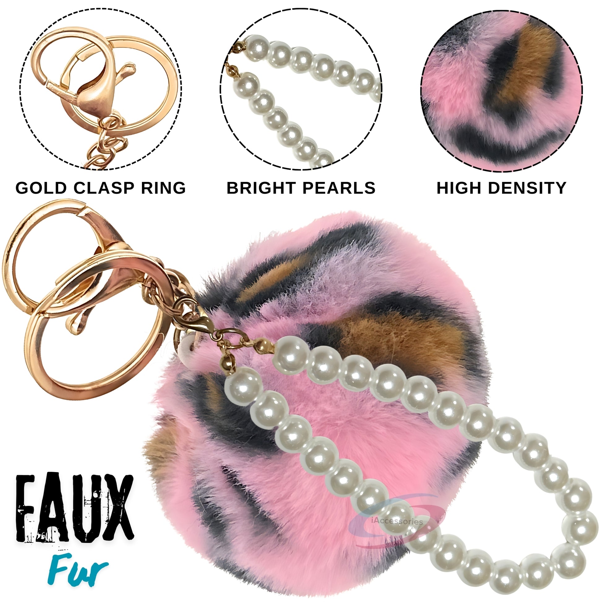 iAccessories Faux Fur Pompom with Pearls Keychain Charm - Pink Lepo for Girls Bags, Cars, Scooty, Bike, Home Keys - iAccessories