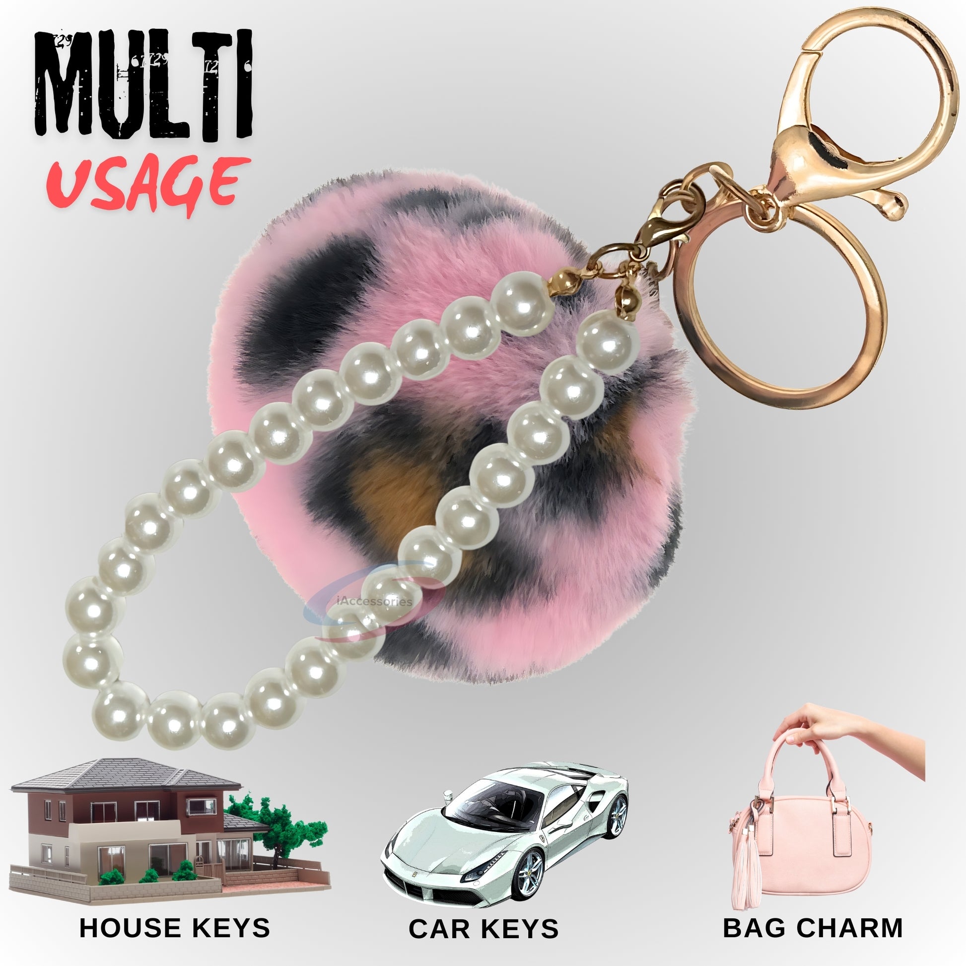 iAccessories Faux Fur Pompom with Pearls Keychain Charm - Pink Lepo for Girls Bags, Cars, Scooty, Bike, Home Keys - iAccessories
