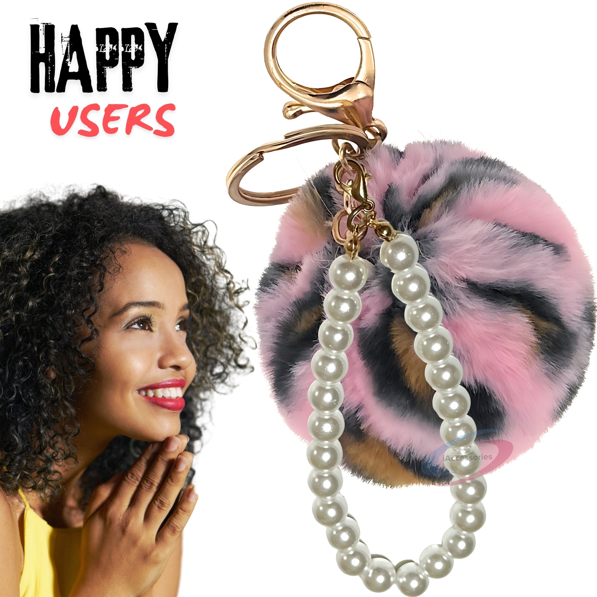 iAccessories Faux Fur Pompom with Pearls Keychain Charm - Pink Lepo for Girls Bags, Cars, Scooty, Bike, Home Keys - iAccessories