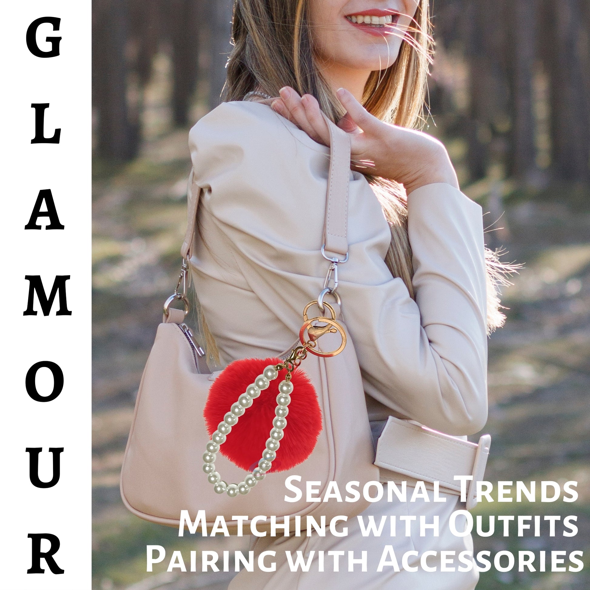 iAccessories Faux Fur Pompom with Pearls Keychain Charm - Red Color for Girls' Bags, Cars, Scooty, Bike, Home Keys - iAccessories