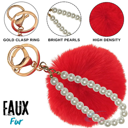 iAccessories Faux Fur Pompom with Pearls Keychain Charm - Red Color for Girls' Bags, Cars, Scooty, Bike, Home Keys - iAccessories