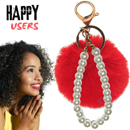 iAccessories Faux Fur Pompom with Pearls Keychain Charm - Red Color for Girls' Bags, Cars, Scooty, Bike, Home Keys - iAccessories
