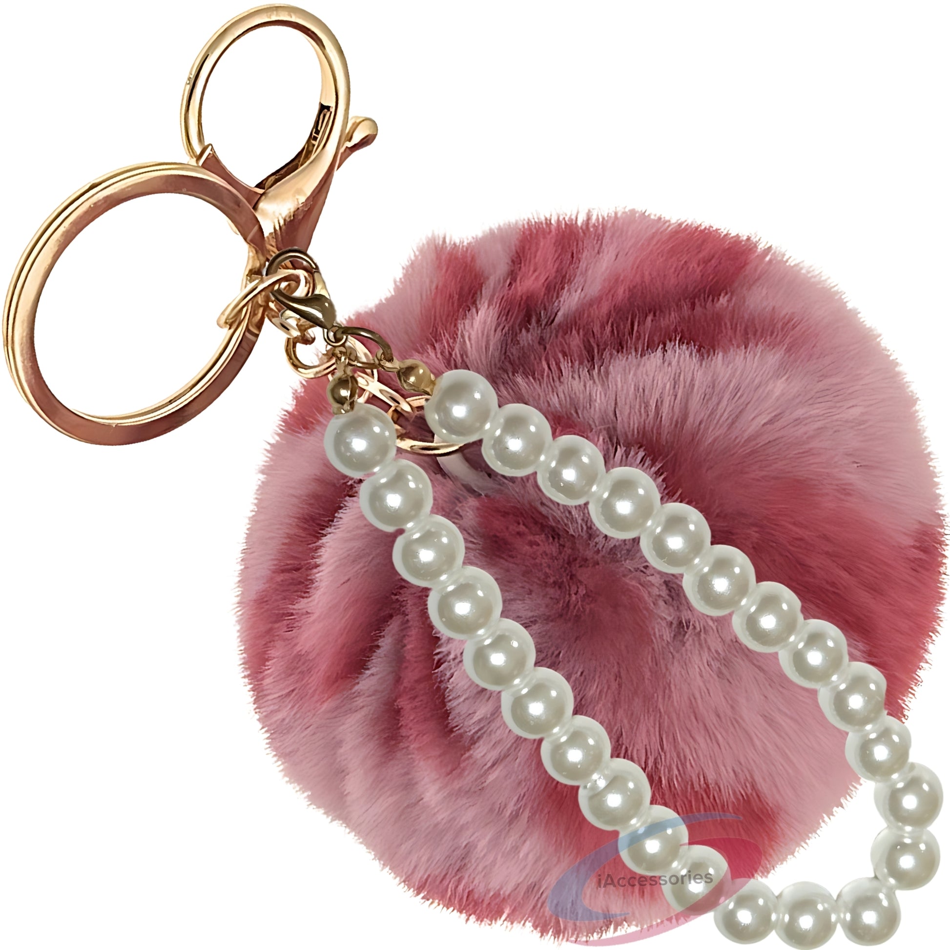 iAccessories Faux Fur Pompom with Pearls Keychain Charm - Rose Lepo for Girls Bags, Cars, Scooty, Bike, Home Keys - iAccessories