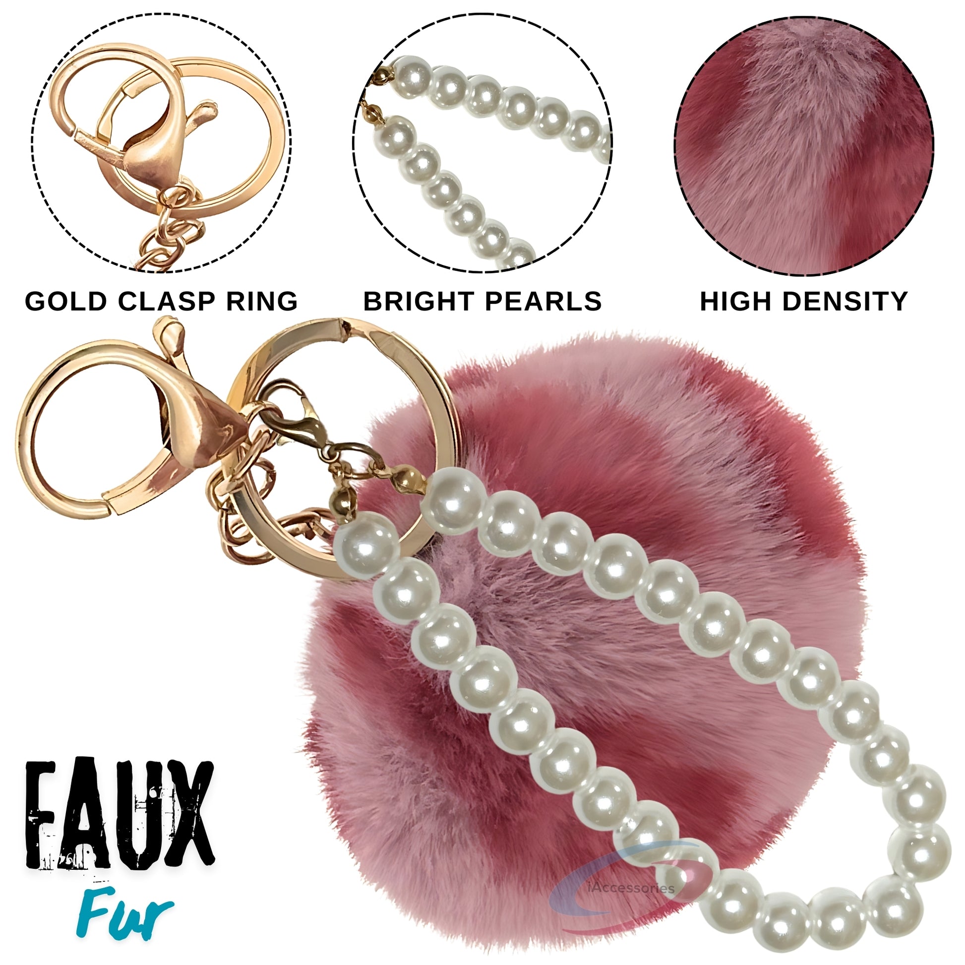 iAccessories Faux Fur Pompom with Pearls Keychain Charm - Rose Lepo for Girls Bags, Cars, Scooty, Bike, Home Keys - iAccessories