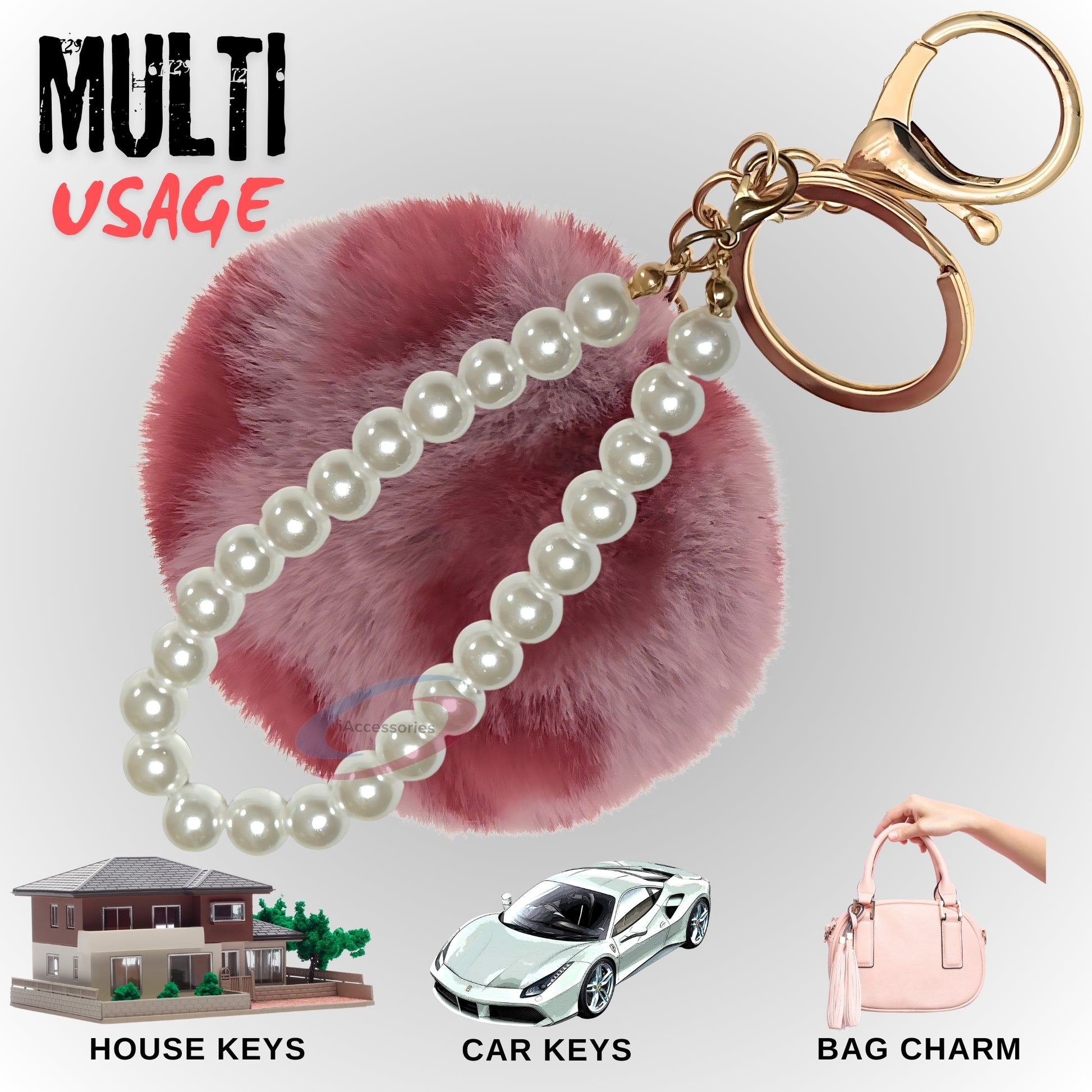 iAccessories Faux Fur Pompom with Pearls Keychain Charm - Rose Lepo for Girls Bags, Cars, Scooty, Bike, Home Keys - iAccessories