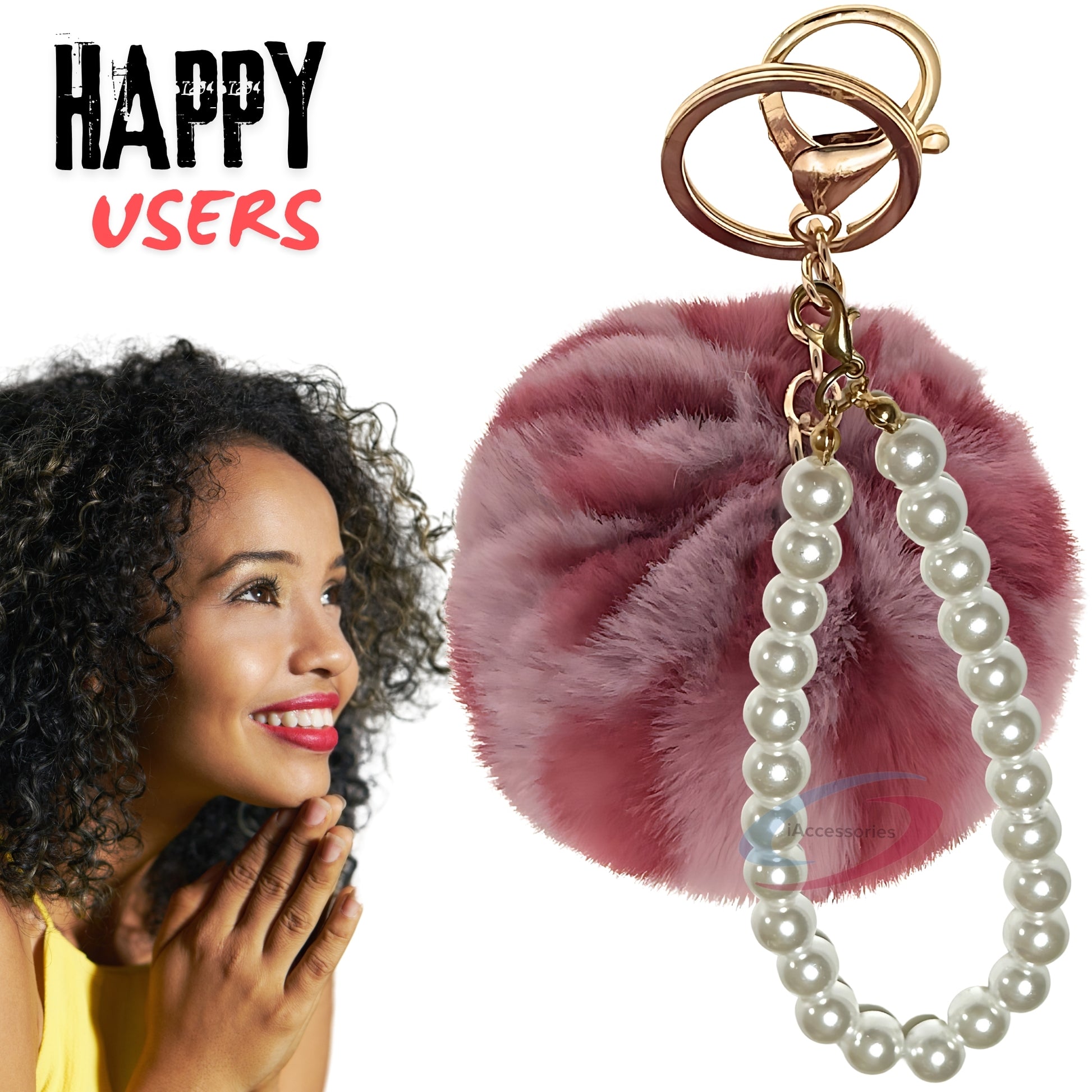 iAccessories Faux Fur Pompom with Pearls Keychain Charm - Rose Lepo for Girls Bags, Cars, Scooty, Bike, Home Keys - iAccessories