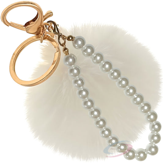 iAccessories Faux Fur Pompom with Pearls Keychain Charm - White for Girls' Bags, Cars, Scooty, Bike, Home Keys - iAccessories