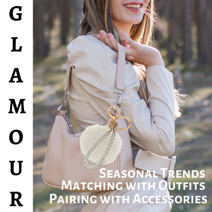 iAccessories Faux Fur Pompom with Pearls Keychain Charm - White for Girls' Bags, Cars, Scooty, Bike, Home Keys - iAccessories
