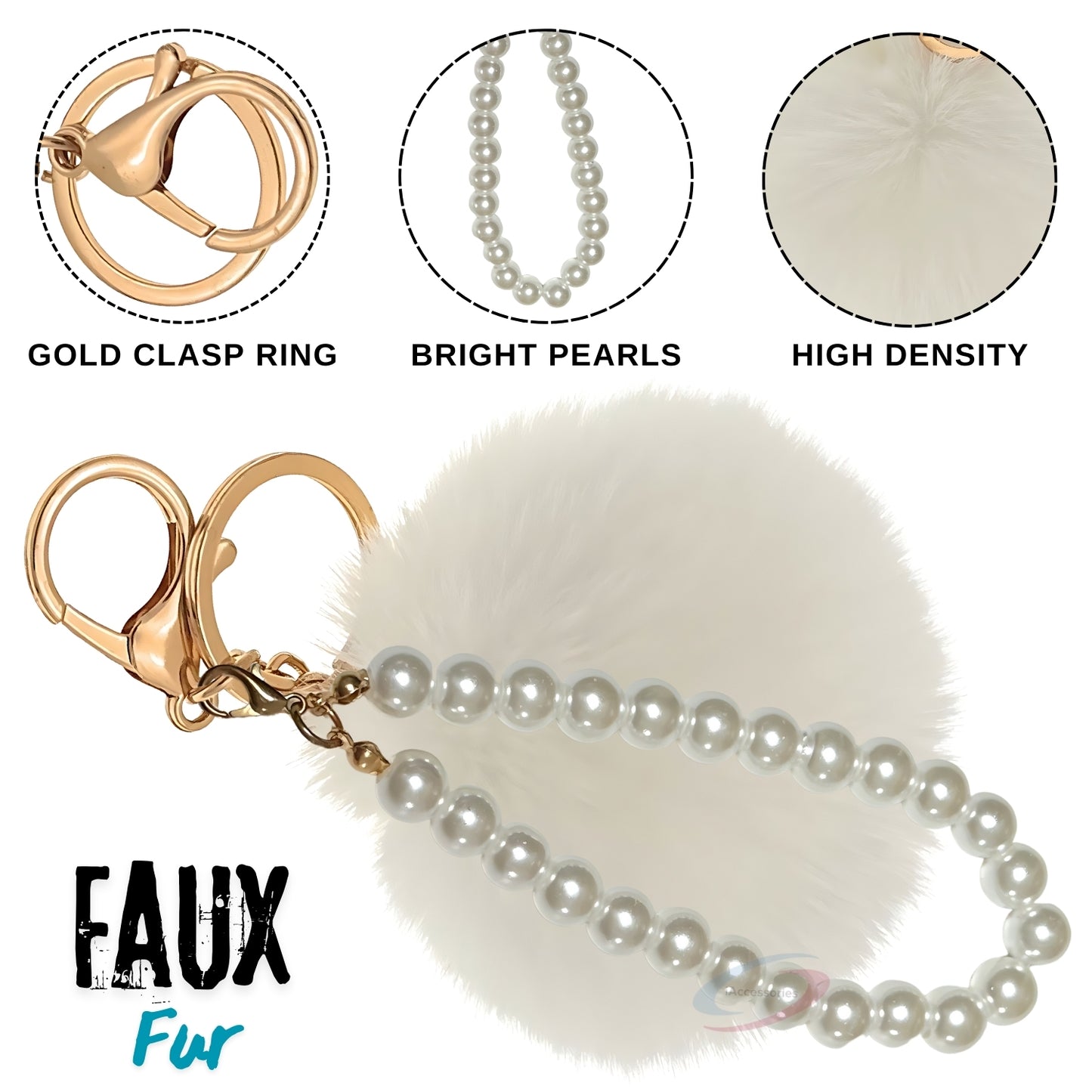iAccessories Faux Fur Pompom with Pearls Keychain Charm - White for Girls' Bags, Cars, Scooty, Bike, Home Keys - iAccessories