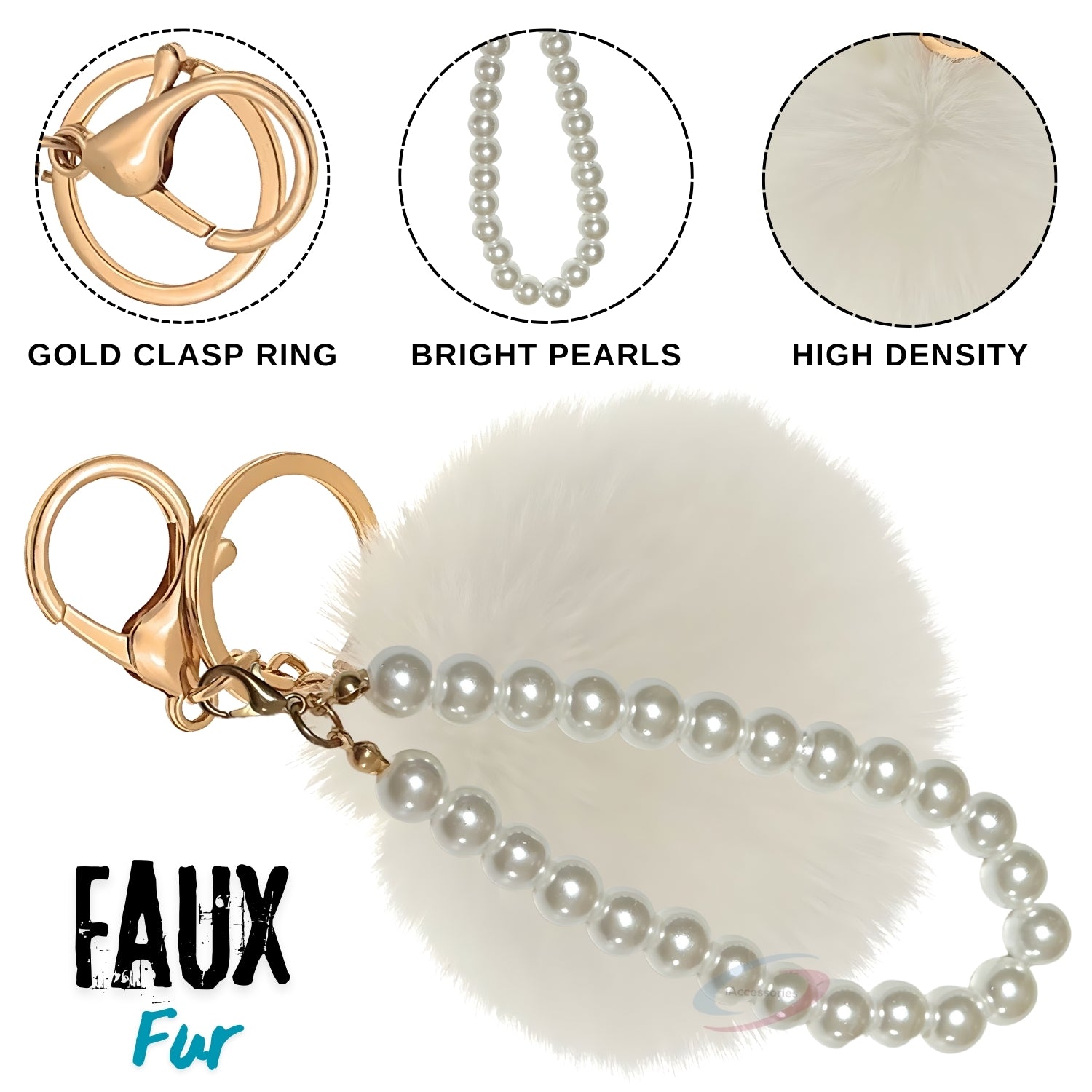 iAccessories Faux Fur Pompom with Pearls Keychain Charm - White for Girls' Bags, Cars, Scooty, Bike, Home Keys - iAccessories