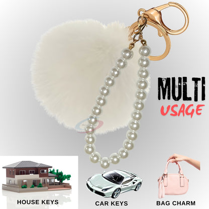 iAccessories Faux Fur Pompom with Pearls Keychain Charm - White for Girls' Bags, Cars, Scooty, Bike, Home Keys - iAccessories
