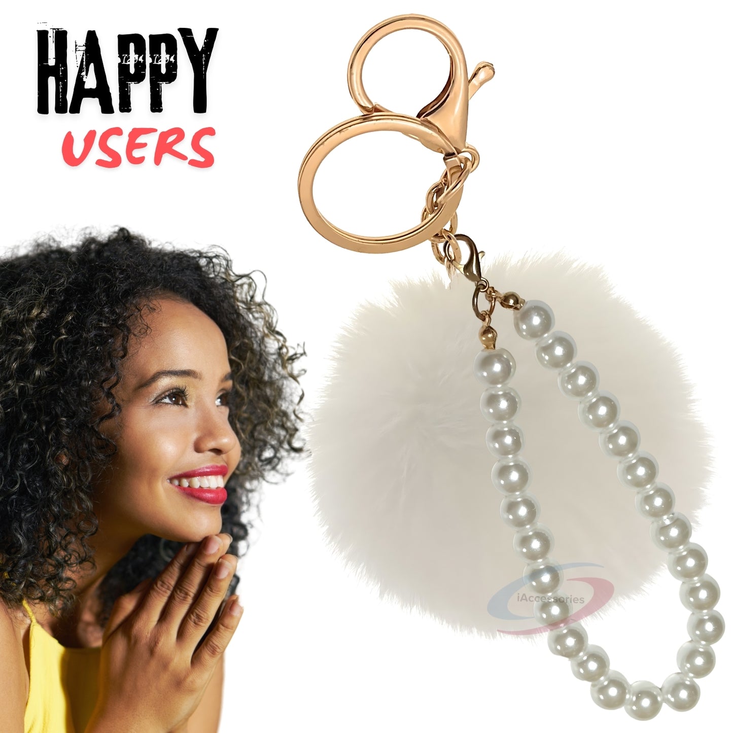 iAccessories Faux Fur Pompom with Pearls Keychain Charm - White for Girls' Bags, Cars, Scooty, Bike, Home Keys - iAccessories