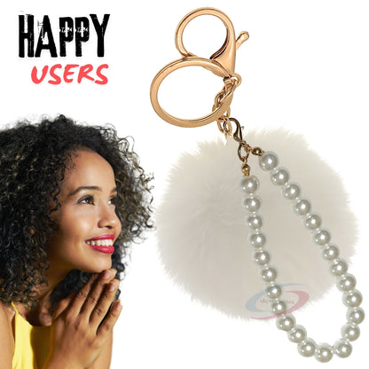 iAccessories Faux Fur Pompom with Pearls Keychain Charm - White for Girls' Bags, Cars, Scooty, Bike, Home Keys - iAccessories