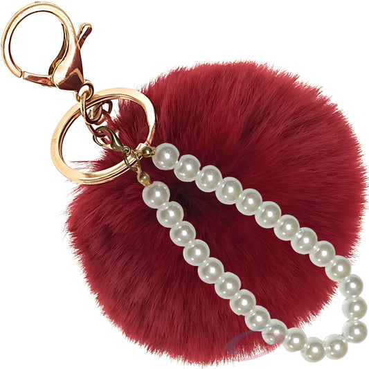 iAccessories Faux Fur Pompom with Pearls Keychain Charm - Wine Red for Girls' Bags, Cars, Scooty, Bike, Home Keys - iAccessories