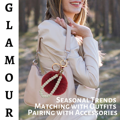 iAccessories Faux Fur Pompom with Pearls Keychain Charm - Wine Red for Girls' Bags, Cars, Scooty, Bike, Home Keys - iAccessories