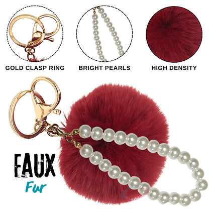 iAccessories Faux Fur Pompom with Pearls Keychain Charm - Wine Red for Girls' Bags, Cars, Scooty, Bike, Home Keys - iAccessories