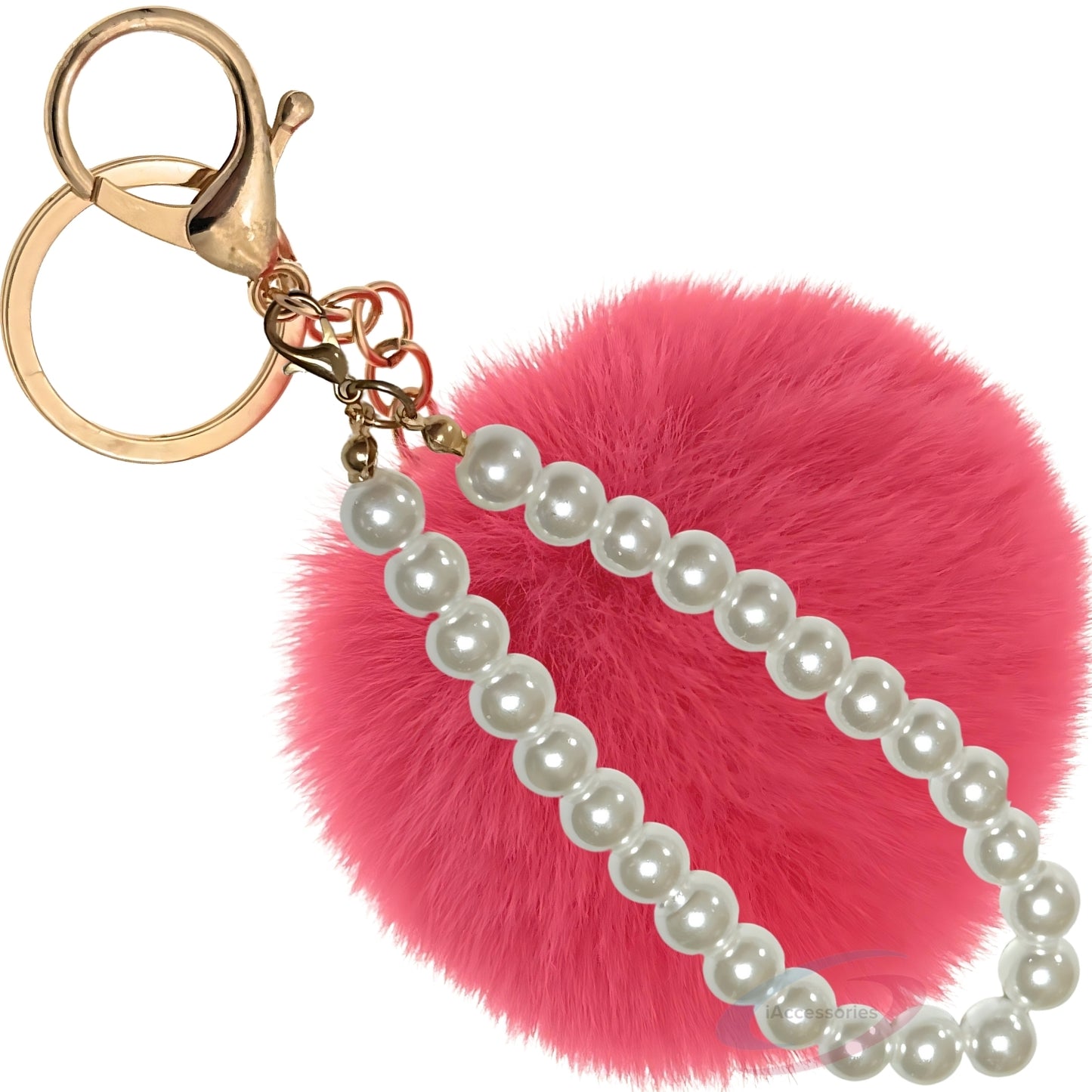 iAccessories Faux Fur Pompom with Pearls Keychain Charm - Rose Color for Girls' Bags, Cars, Scooty, Bike, Home Keys - iAccessories