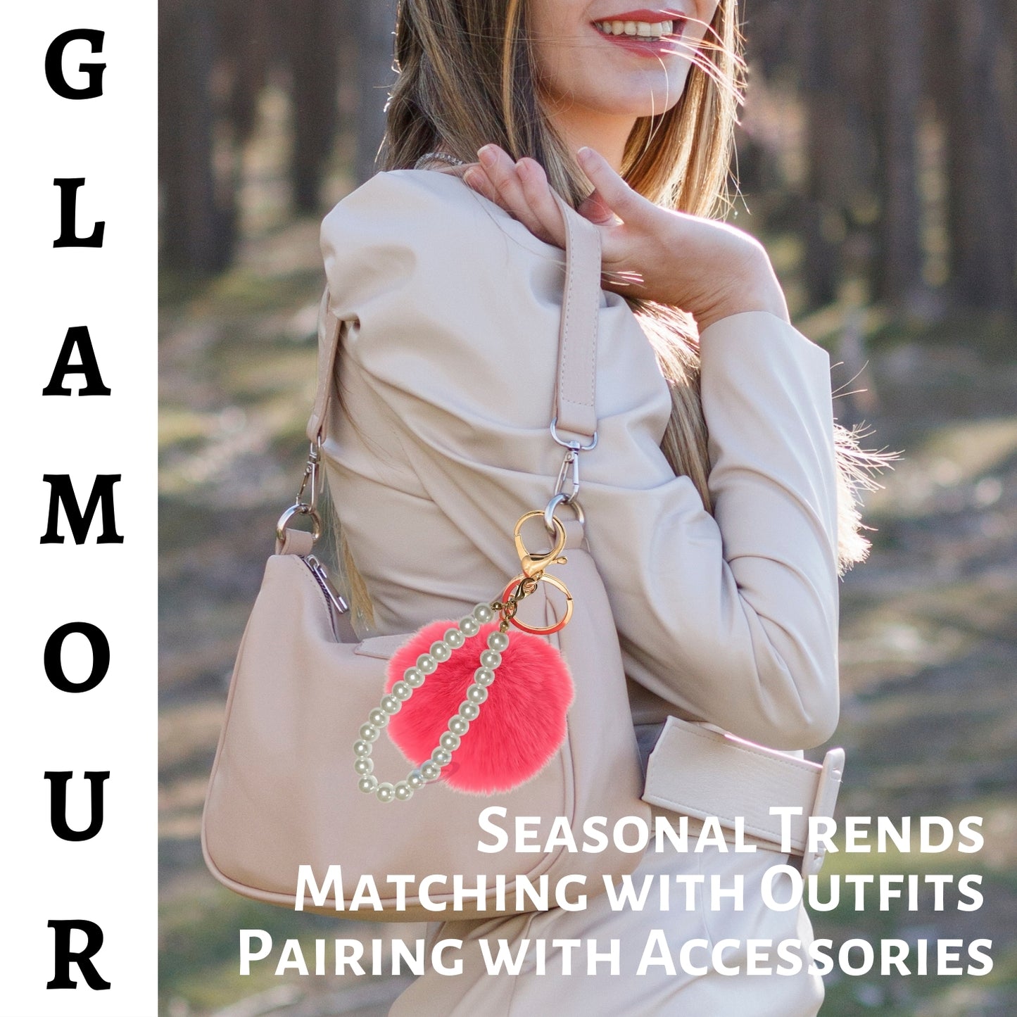 iAccessories Faux Fur Pompom with Pearls Keychain Charm - Rose Color for Girls' Bags, Cars, Scooty, Bike, Home Keys - iAccessories