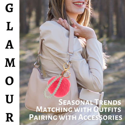 iAccessories Faux Fur Pompom with Pearls Keychain Charm - Rose Color for Girls' Bags, Cars, Scooty, Bike, Home Keys - iAccessories