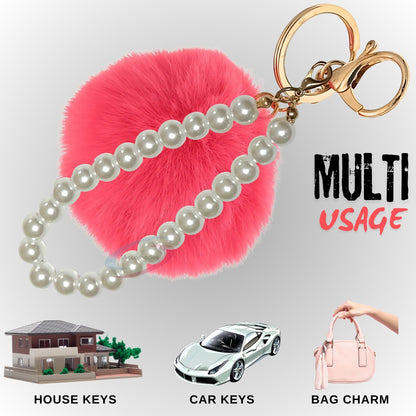 iAccessories Faux Fur Pompom with Pearls Keychain Charm - Rose Color for Girls' Bags, Cars, Scooty, Bike, Home Keys - iAccessories