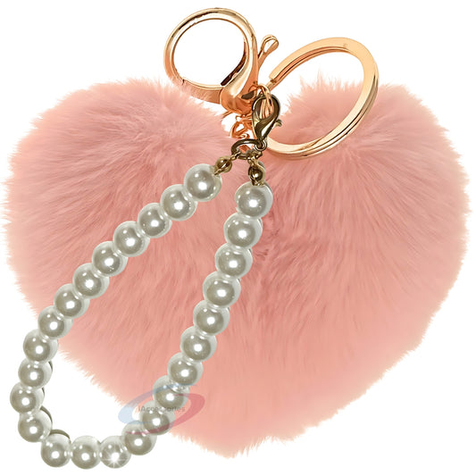 iAccessories Fluffy Faux Fur Soft Pompom Heart Keychain Charm with Pearls - Baby Pink - iAccessories