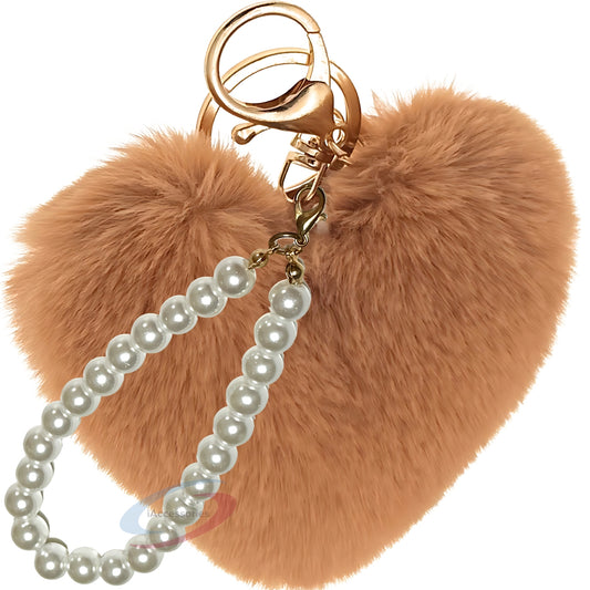 iAccessories Fluffy Faux Fur Soft Pompom Heart Keychain Charm with Pearls - Brown - iAccessories