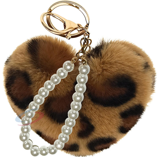iAccessories Fluffy Faux Fur Soft Pompom Heart Keychain Charm with Pearls - Brown Lepo - iAccessories