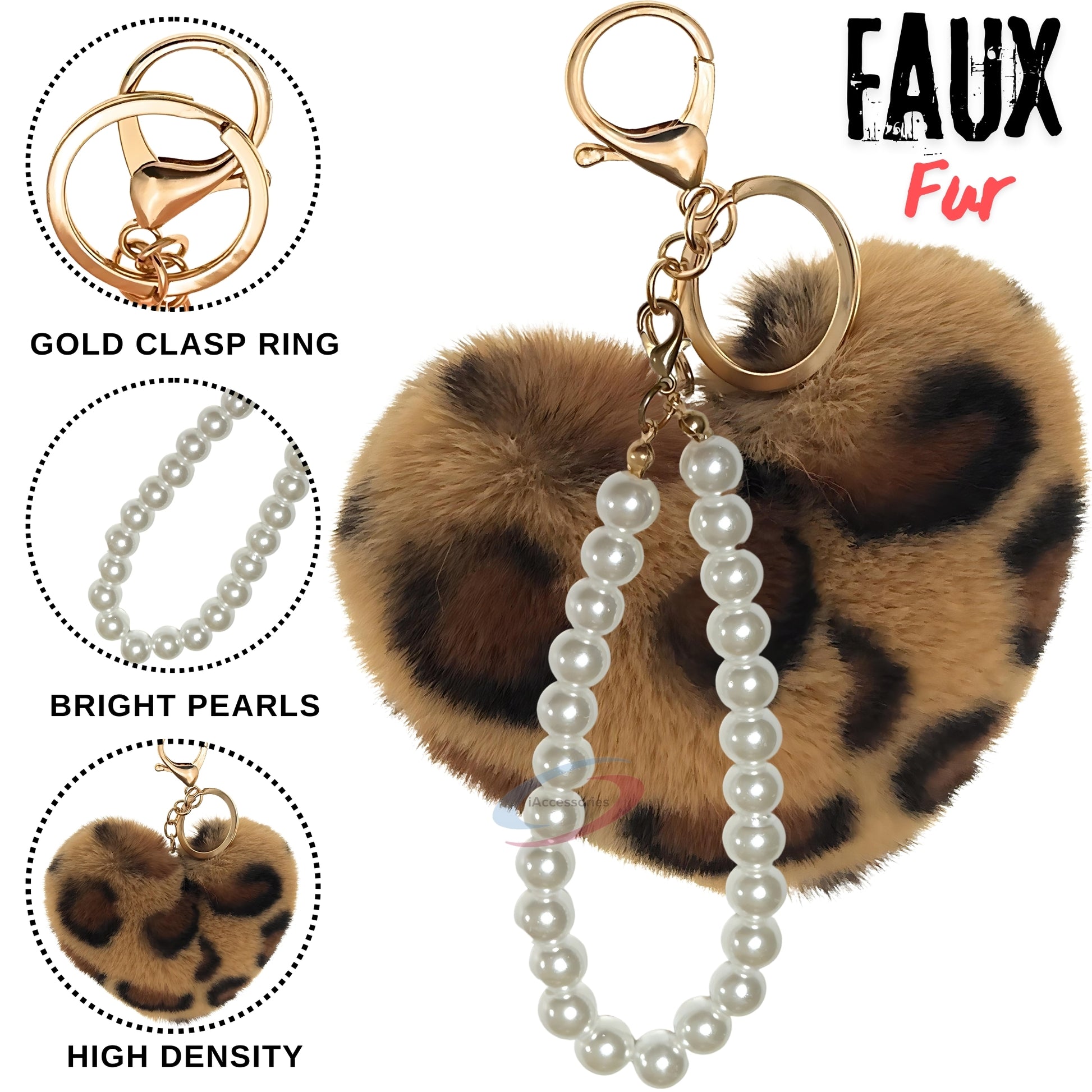 iAccessories Fluffy Faux Fur Soft Pompom Heart Keychain Charm with Pearls - Brown Lepo - iAccessories