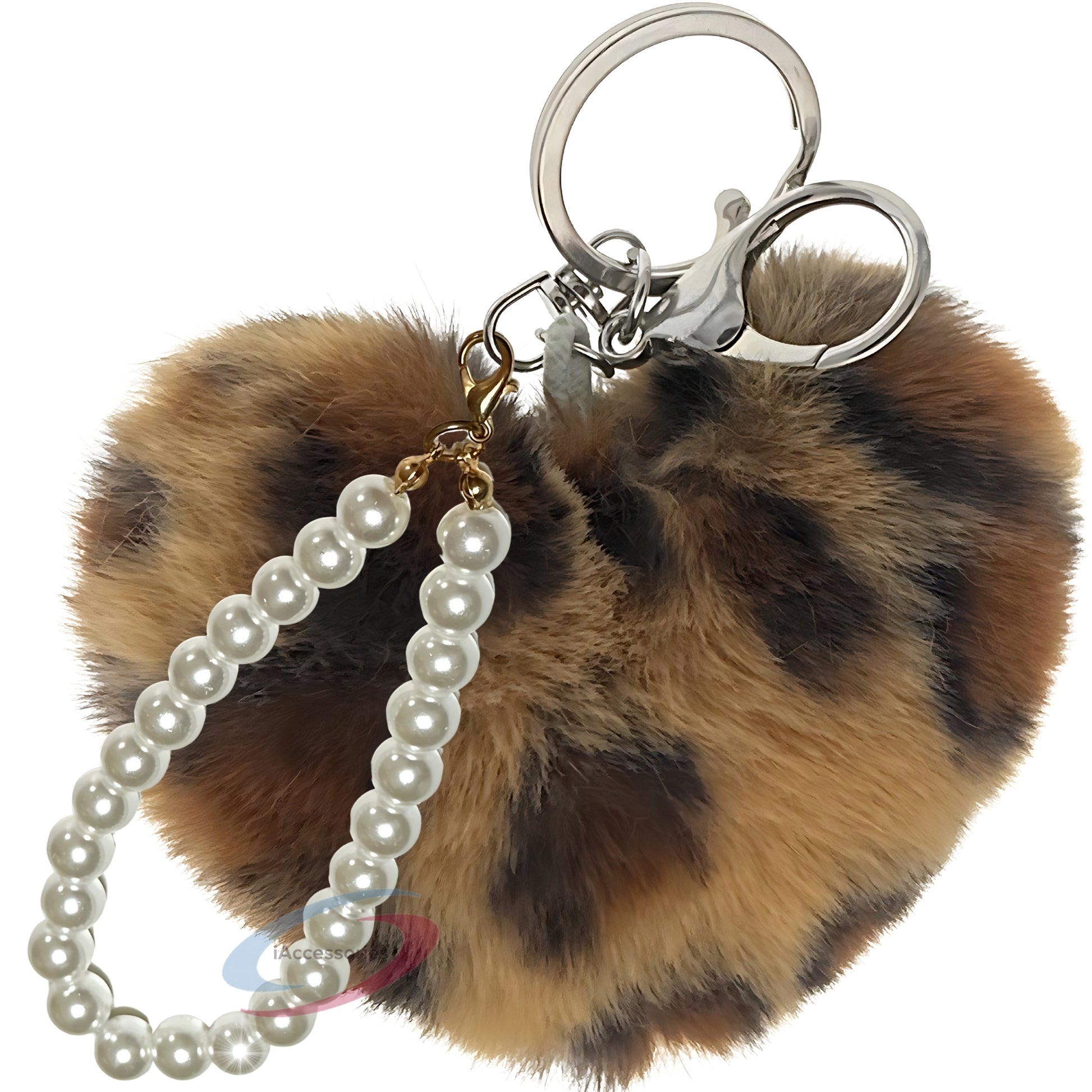 iAccessories Fluffy Faux Fur Soft Pompom Heart Keychain Charm with Pearls - Dark Brown Lepo - iAccessories