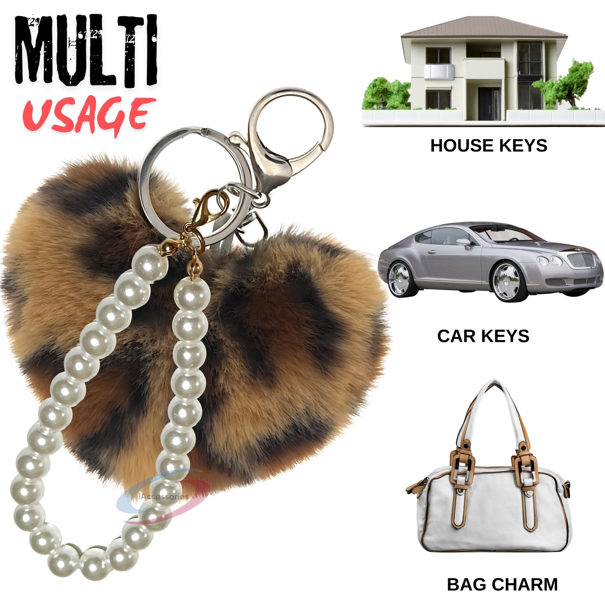 iAccessories Fluffy Faux Fur Soft Pompom Heart Keychain Charm with Pearls - Dark Brown Lepo - iAccessories