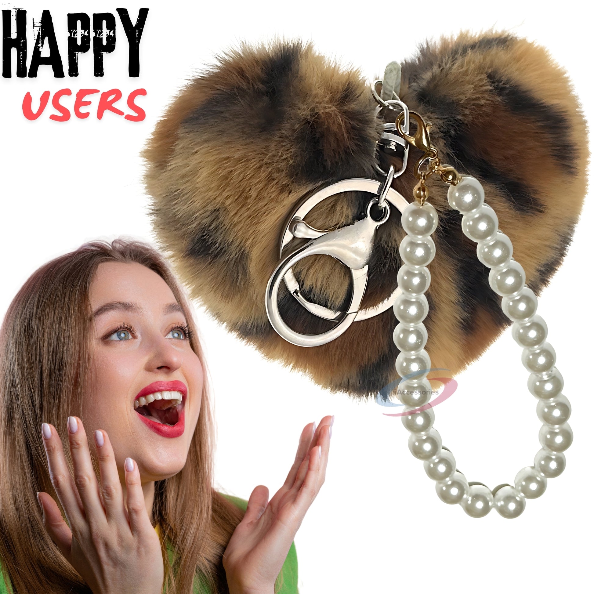 iAccessories Fluffy Faux Fur Soft Pompom Heart Keychain Charm with Pearls - Dark Brown Lepo - iAccessories