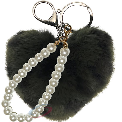 iAccessories Fluffy Faux Fur Soft Pompom Heart Keychain Charm with Pearls - Dark Green Lepo - iAccessories
