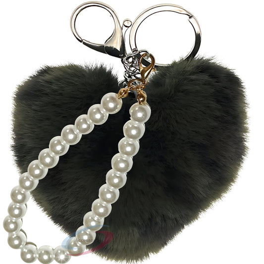 iAccessories Fluffy Faux Fur Soft Pompom Heart Keychain Charm with Pearls - Dark Green Lepo - iAccessories