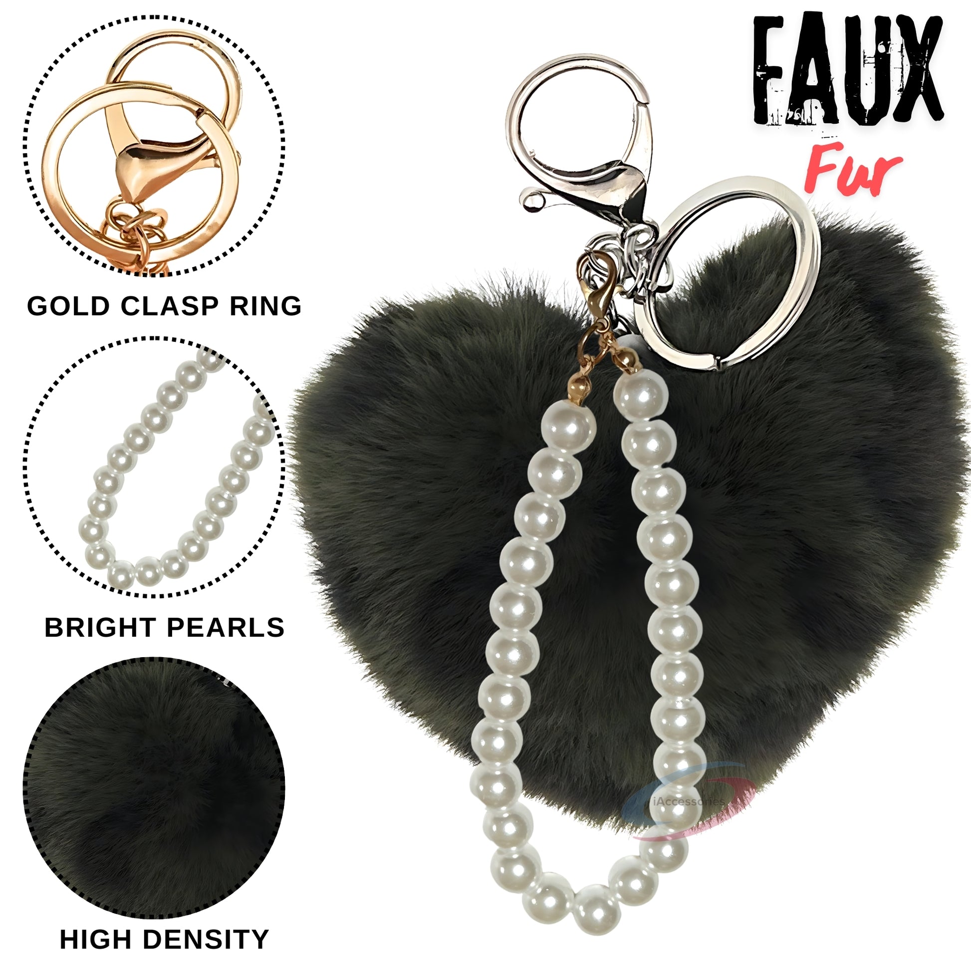 iAccessories Fluffy Faux Fur Soft Pompom Heart Keychain Charm with Pearls - Dark Green Lepo - iAccessories