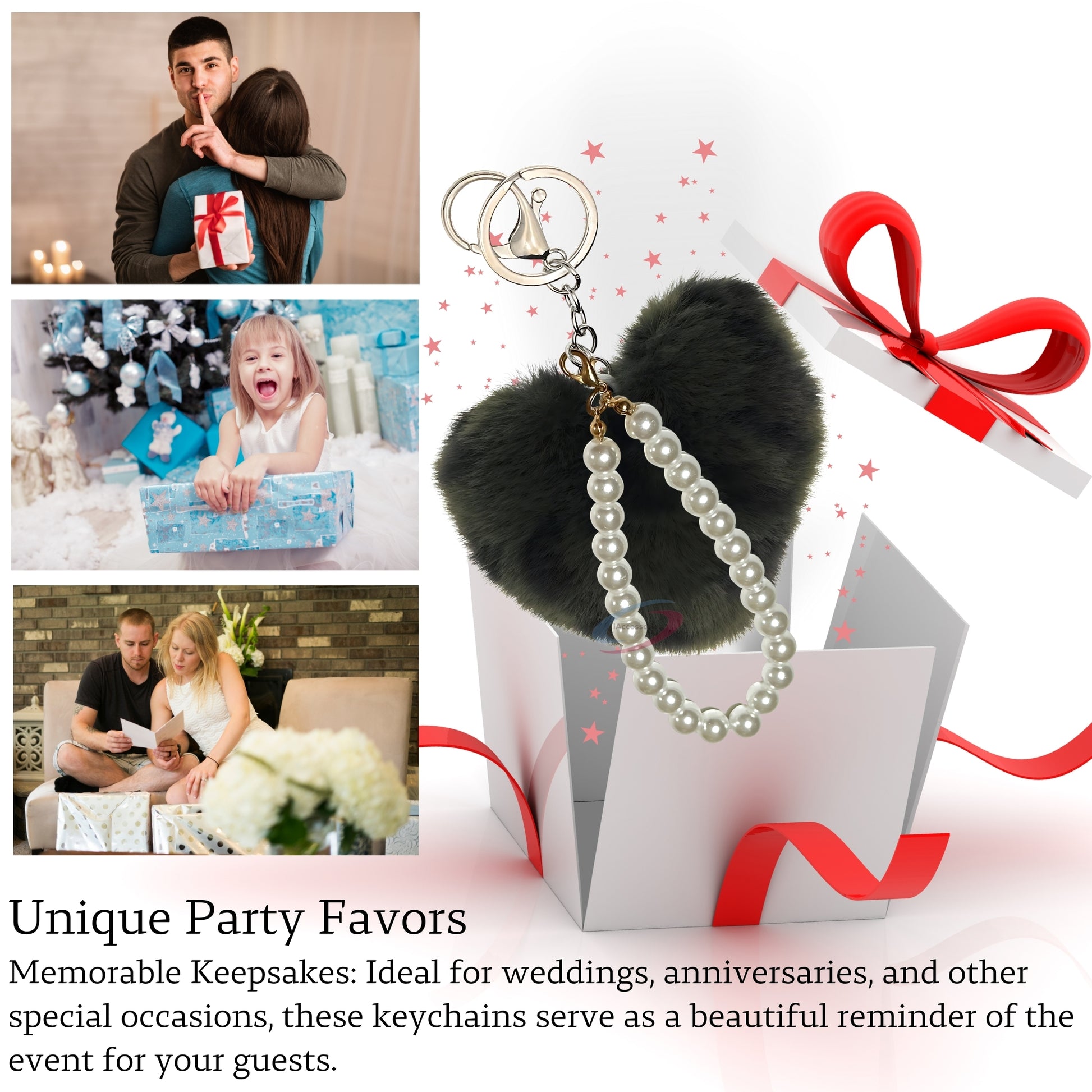 iAccessories Fluffy Faux Fur Soft Pompom Heart Keychain Charm with Pearls - Dark Green Lepo - iAccessories