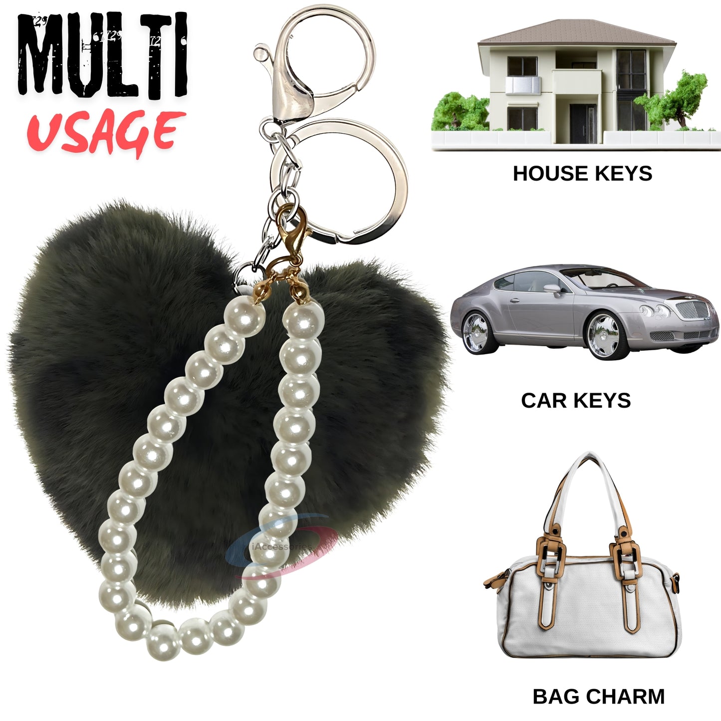 iAccessories Fluffy Faux Fur Soft Pompom Heart Keychain Charm with Pearls - Dark Green Lepo - iAccessories