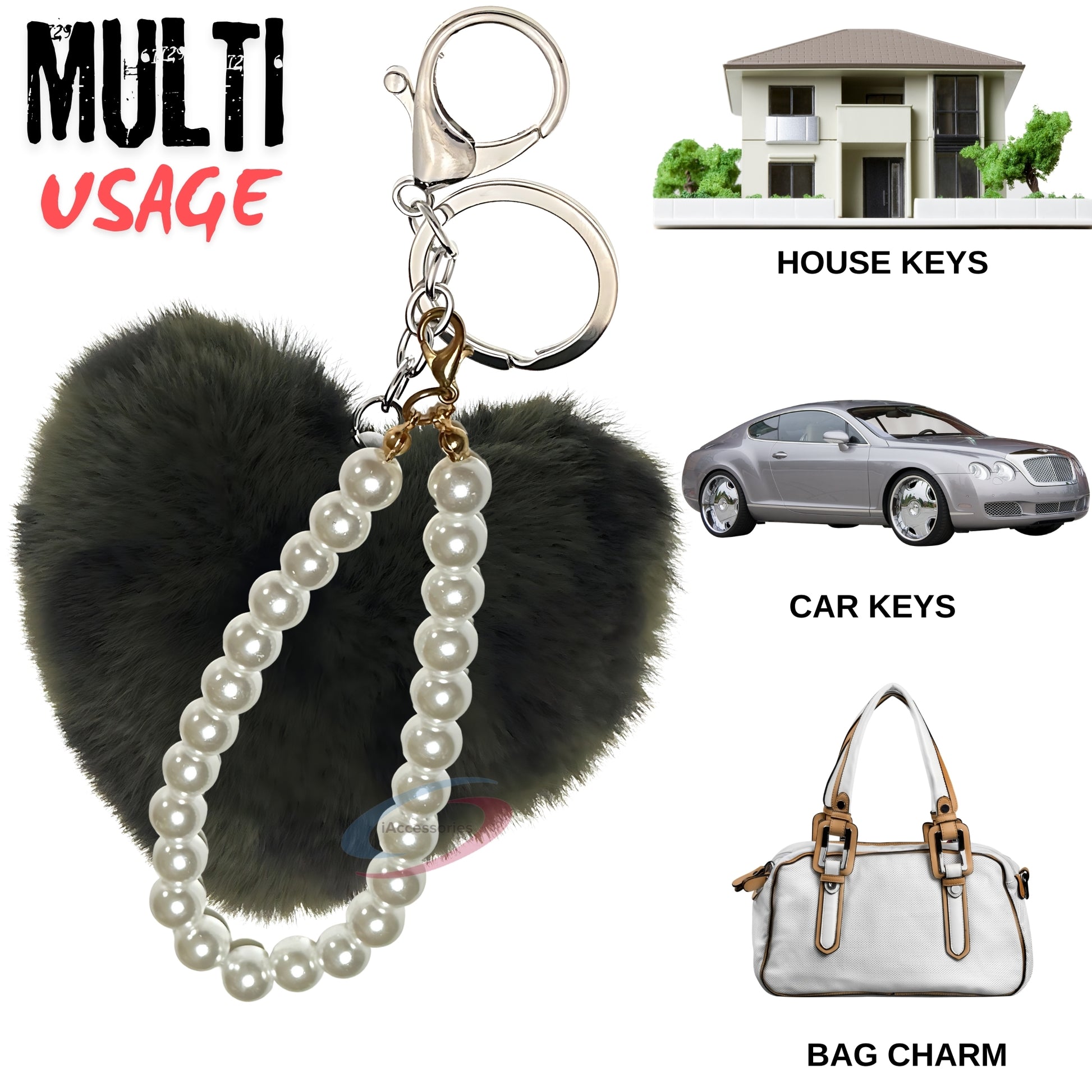 iAccessories Fluffy Faux Fur Soft Pompom Heart Keychain Charm with Pearls - Dark Green Lepo - iAccessories
