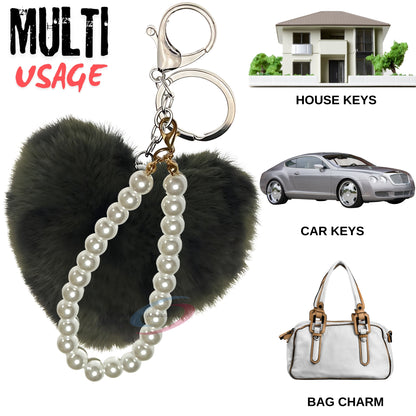 iAccessories Fluffy Faux Fur Soft Pompom Heart Keychain Charm with Pearls - Dark Green Lepo - iAccessories