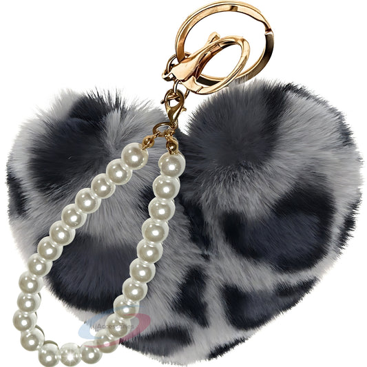 iAccessories Fluffy Faux Fur Soft Pompom Heart Keychain Charm with Pearls - Grey Lepo - iAccessories