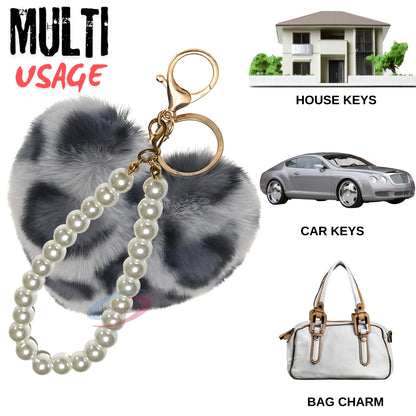 iAccessories Fluffy Faux Fur Soft Pompom Heart Keychain Charm with Pearls - Grey Lepo - iAccessories