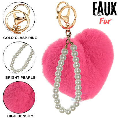 iAccessories Fluffy Faux Fur Soft Pompom Heart Keychain Charm with Pearls - Hot Pink - iAccessories