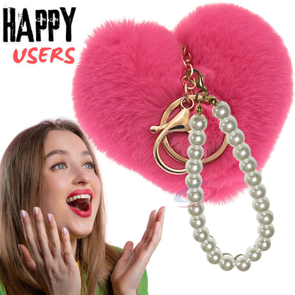 iAccessories Fluffy Faux Fur Soft Pompom Heart Keychain Charm with Pearls - Hot Pink - iAccessories
