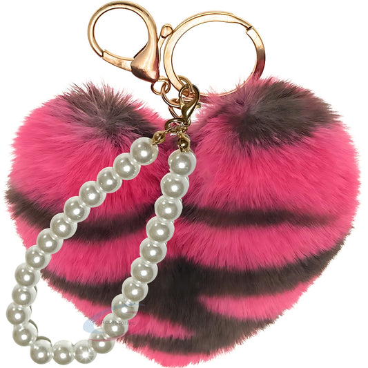 iAccessories Fluffy Faux Fur Soft Pompom Heart Keychain Charm with Pearls - Hot Pink Lepo - iAccessories