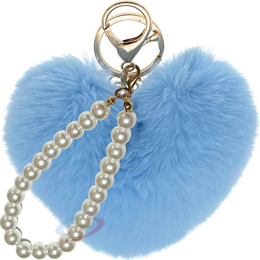 iAccessories Fluffy Faux Fur Soft Pompom Heart Keychain Charm with Pearls - Light Blue - iAccessories