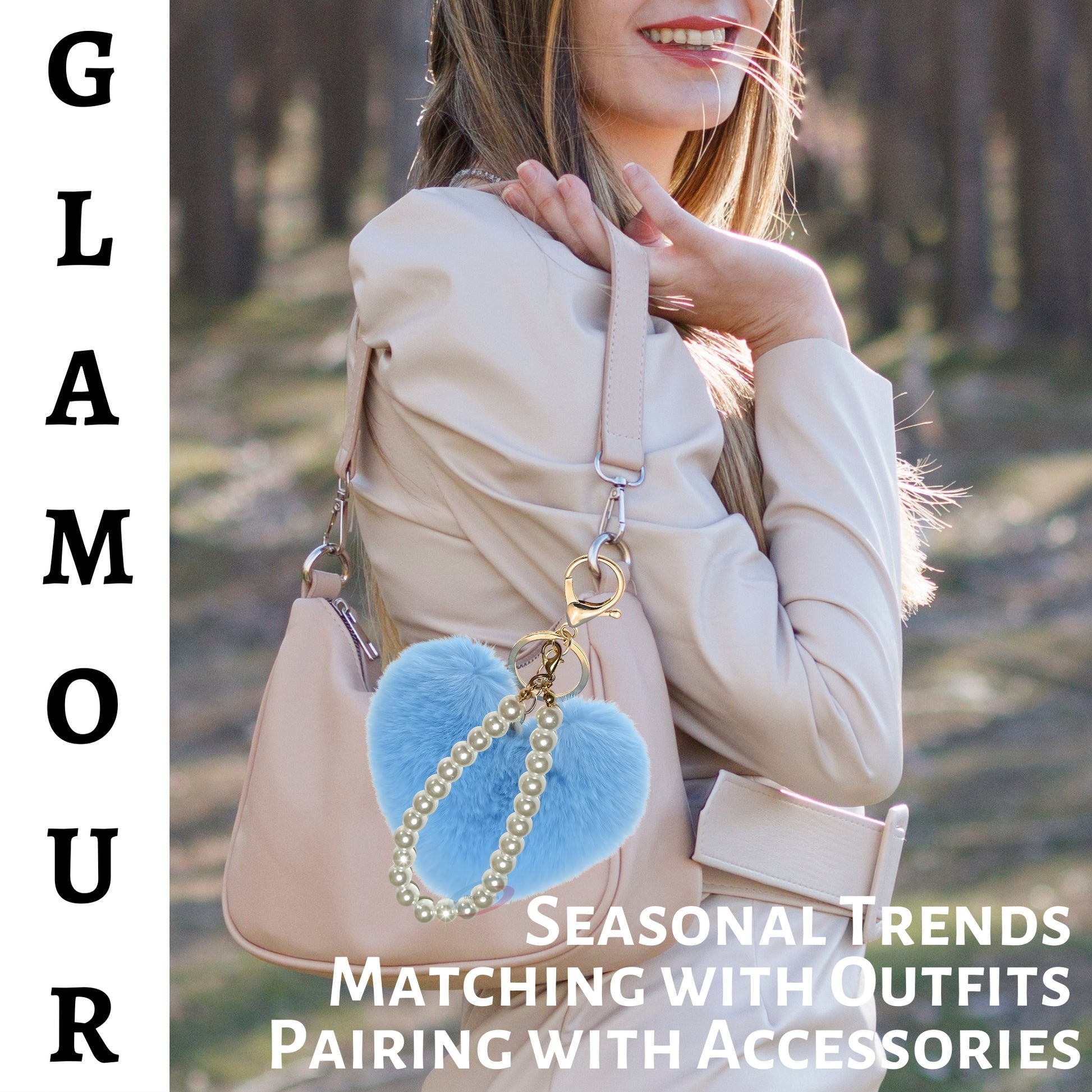 iAccessories Fluffy Faux Fur Soft Pompom Heart Keychain Charm with Pearls - Light Blue - iAccessories