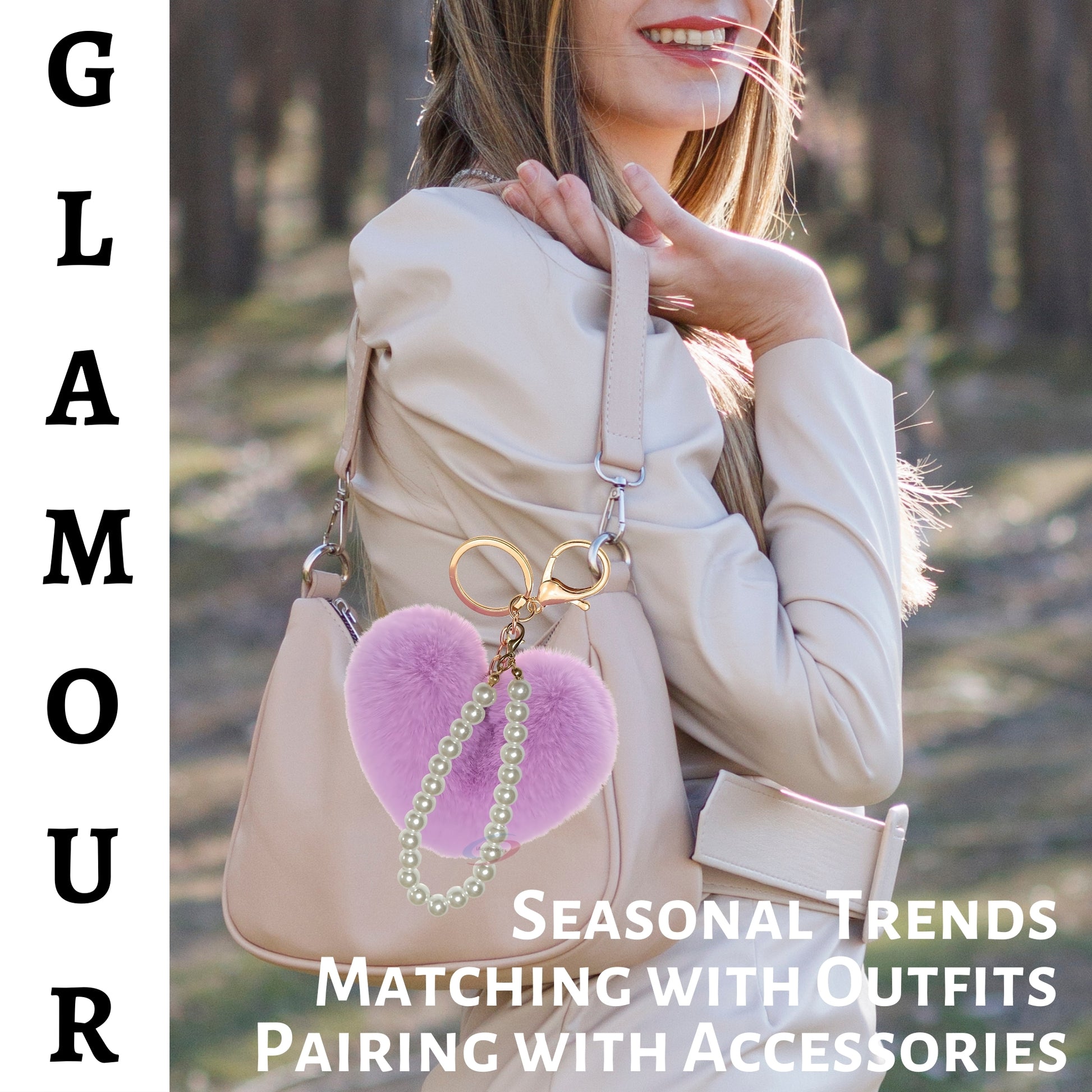 iAccessories Fluffy Faux Fur Soft Pompom Heart Keychain Charm with Pearls - Light Purple - iAccessories