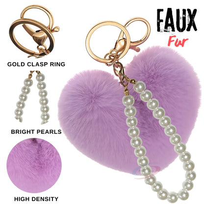 iAccessories Fluffy Faux Fur Soft Pompom Heart Keychain Charm with Pearls - Light Purple - iAccessories